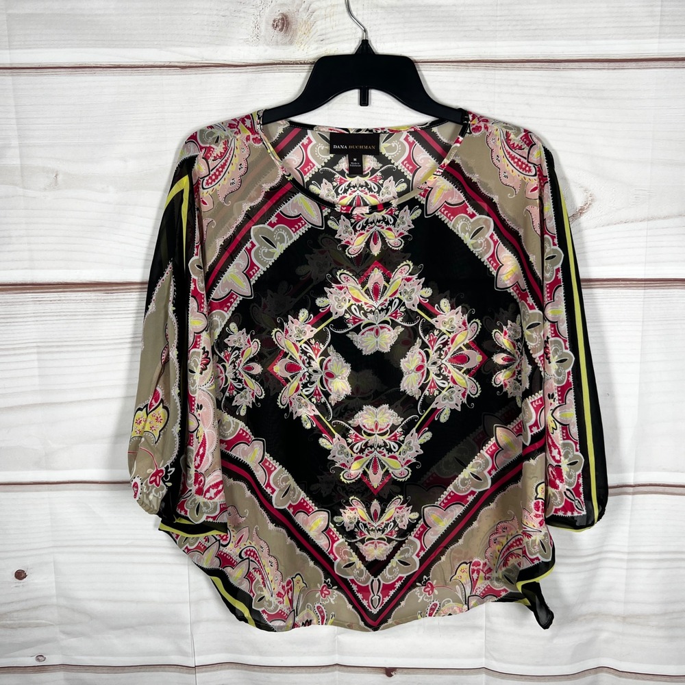 Dana Buchman Poncho Blouse Womens Medium Multicolor Paisley Sheer Dolman Sleeve